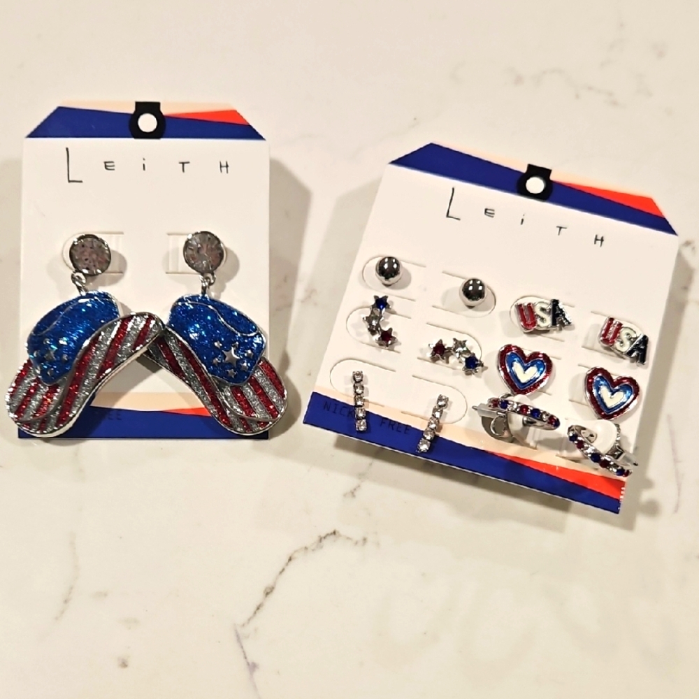 Leith Blue and Red PATRIOTIC COWBOY HAT eaarings & BONUS 12 PIECE STUDS